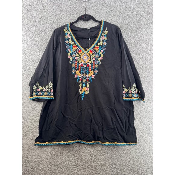 Higustar Tunic Multicolor Floral Embroidery & 3/4 Sleeves Black Size 2XL NEW - Picture 1 of 12